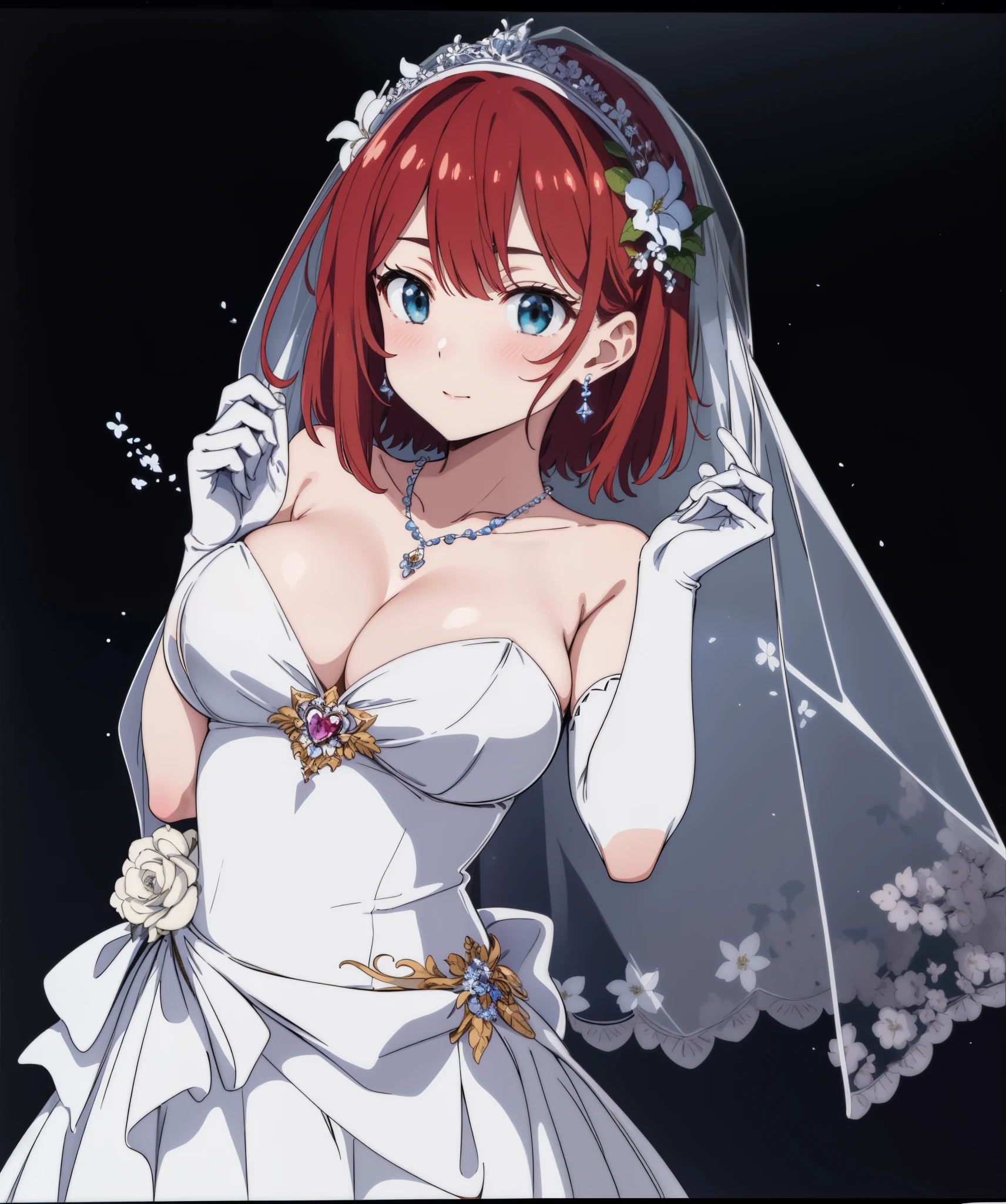 two-dimensional, masterpiece, best quality, Japanese cartoons, Very detailed, 1 girl, alone, cowboy shooting, Ruka, blue headband, blue bow, Close-up of beautiful bride in bridal dress,Gurwitz,Blushing face,Head flower,headgear,(tube top wedding dress:1.5),(silk dress:1.2),(strapless wedding dress:1.5),pure white dress,necklace,earrings,(large breasts:1.3),Neck ornaments,Deep V peach heart collar wedding dress,Bangs,Bouquet,lipstick,(White long elbow gloves:1.3),(Bridal veil:1.2),(Transparent short veil:1.2),Bust photo,High detail RAW color art,Tyndall phenomenon,front,Half body