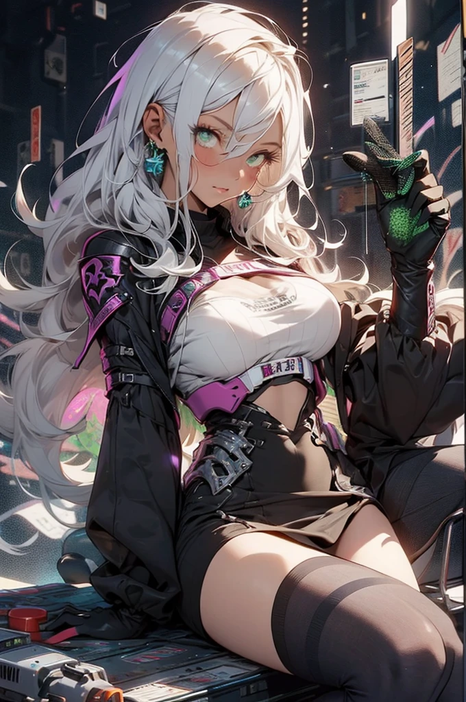be realistic，（masterpiece，highest quality，highest quality，very detailed，fractal art，most detailed，（abstract background：1.5）（1 girl），Kamimei，（hair length），（Chest with shining green eyes，stunned)，crystallization，sexy，Mechanical Armor，tanned skin、69,sitting on face,handjob,from sid、panty shot、spread your legs、break、(office wear blazer、white cutter shirt、black pencil skirt、pumps)