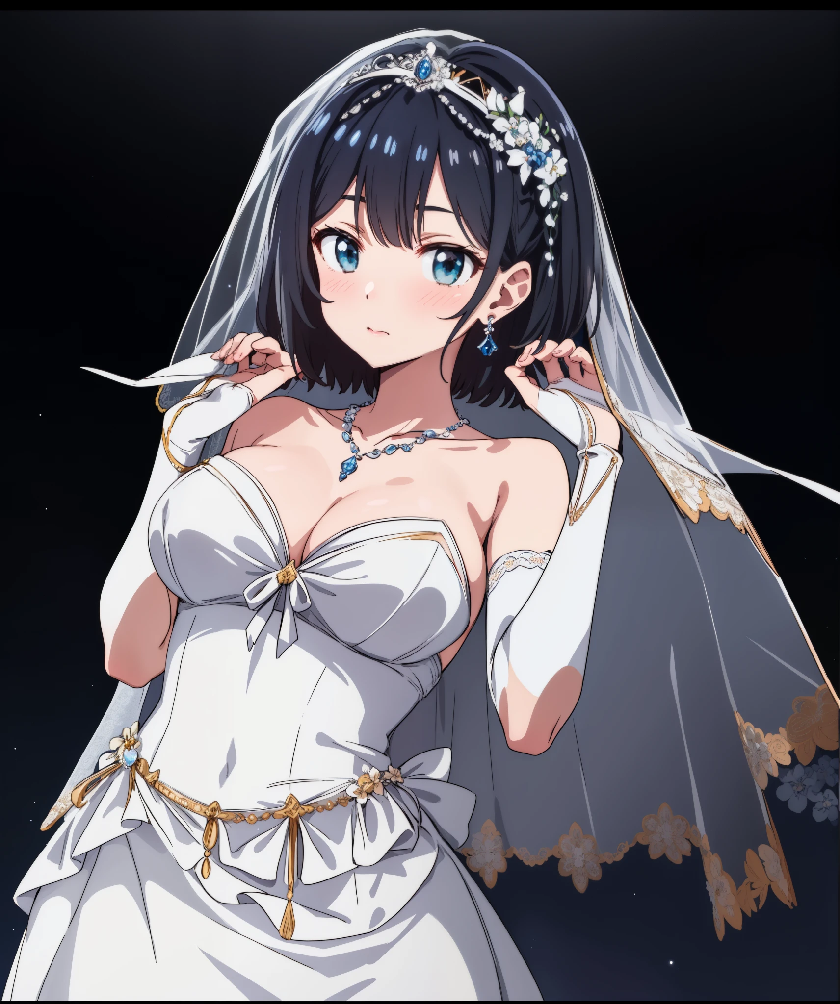 two-dimensional, masterpiece, best quality, Japanese cartoons, Very detailed, 1 girl, alone, cowboy shooting, Ruka, blue headband, blue bow, Close-up of beautiful bride in bridal dress,Gurwitz,Blushing face,Head flower,headgear,(tube top wedding dress:1.5),(silk dress:1.2),(strapless wedding dress:1.5),pure white dress,necklace,earrings,(large breasts:1.3),Neck ornaments,Deep V peach heart collar wedding dress,Bangs,Bouquet,lipstick,(White long elbow gloves:1.3),(Bridal veil:1.2),(Transparent short veil:1.2),Bust photo,High detail RAW color art,Tyndall phenomenon,front,Half body