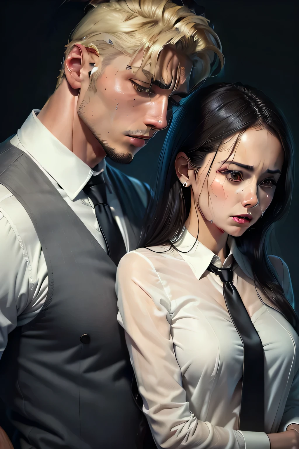 couple, white shirt, black necktie, (realistic:1.3), crying, tears, sad