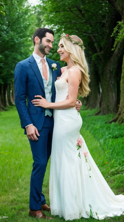 Tom Ellis and Taylor Momsen looking at eachother smiling calmly as they stand behind a fairy forest decorated for a wedding ceremony, as they look into each others eyes smiling. Taylor Momsen is wearing a wedding revelative white dress, with her blonde hair showing with a wedding flower crown. And Tom Ellis is wearing a black suit with a red tie. 