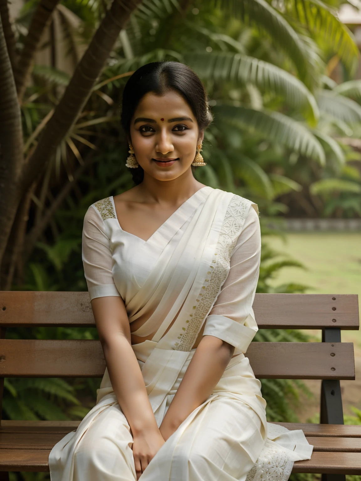 araffe woman sitting on a bench in a white sari, inspired by T. K. Padmini, traditional beauty, mid shot portrait, with kerala motifs, wearing a sari, close portrait, traditional, candid portrait, with a seductive smile, assamese aesthetic, serene smile, kerala motifs, stunning!, dressed in a sari, doing an elegant pose