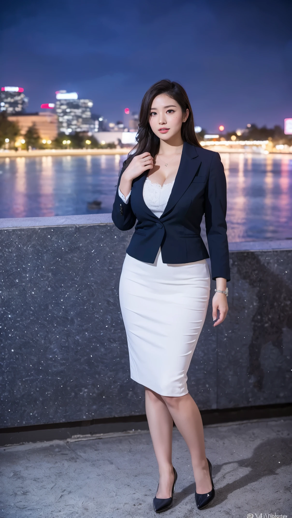 (masutepiece,High quality,16k:1.1),(depth of fields:1.3) ,((front body:1.35)),Japanese ,mature Woman, ((business suit, pencil skirt)), huge breasts, voluptuous, thicc, curvy,(Looking at Viewer:1.3),(full body shot:1.2),(snowing:1.2),(Beautiful night view of town:1.2),