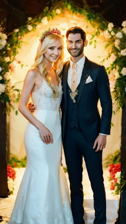 Tom Ellis and Taylor Momsen looking at eachother smiling calmly as they stand behind a fairy forest decorated for a wedding ceremony, as they look into each others eyes smiling. Taylor Momsen is wearing a wedding revelative white dress, with her blonde hair showing with a wedding flower crown. And Tom Ellis is wearing a black suit with a red tie. 