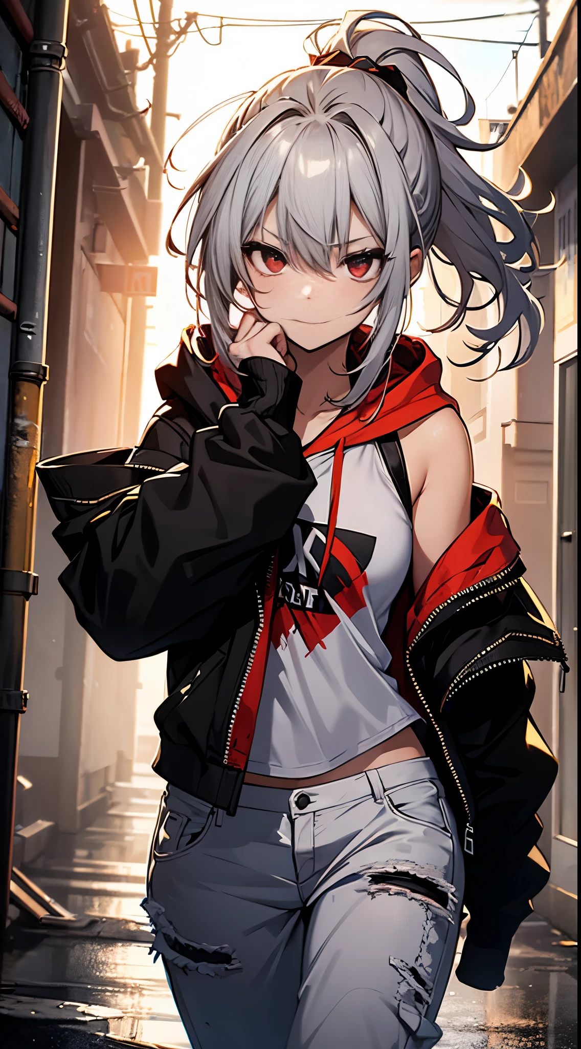 Top-quality image: A captivating visual art piece showcases a girl, aged 18, with a mix of tattered clothing and bold fashion elements. She dons a black tank top and a short-sleeved hoodie with neurotic designs, paired with pristine white pants. Her best bust, an impressive 85, is proudly on display, contrasted by the roughness of her attire. Her hair is a disheveled, golden ponytail, framing her striking red eyes that gleam with intense happiness and the promise of a return of her blood. Droplets of blood trickle from the corner of her mouth, adding intrigue to her express