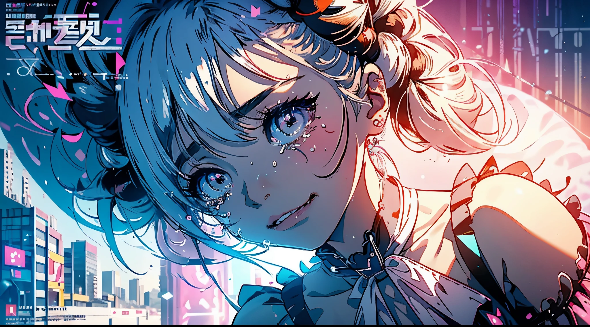 hair bobbles, wince, long eyelashes, solid circle eyes, light smile, ear blush, fang, (white hair), makeup, blush, sad, sad smile, drop shadow, anaglyph, atmospheric perspective, 8k, super detail, accurate, best quality, (cyberpunk), cinematic lighting, masterpiece,1girll, ((((short twintails)))), Colorful hair, flying, pink bows,((16-year-old female model)), (angel halo), ((( wings ))), (magazine cover), ((((text)))), (cover), bold, attention-grabbing, ((title)), stylish, (((font))), panorama, eye level shot, tile from below, title from side, title in middle, ((((magazine cover layout)))), (((lolita dress))), (((wide shot))), (((( color splash ))))