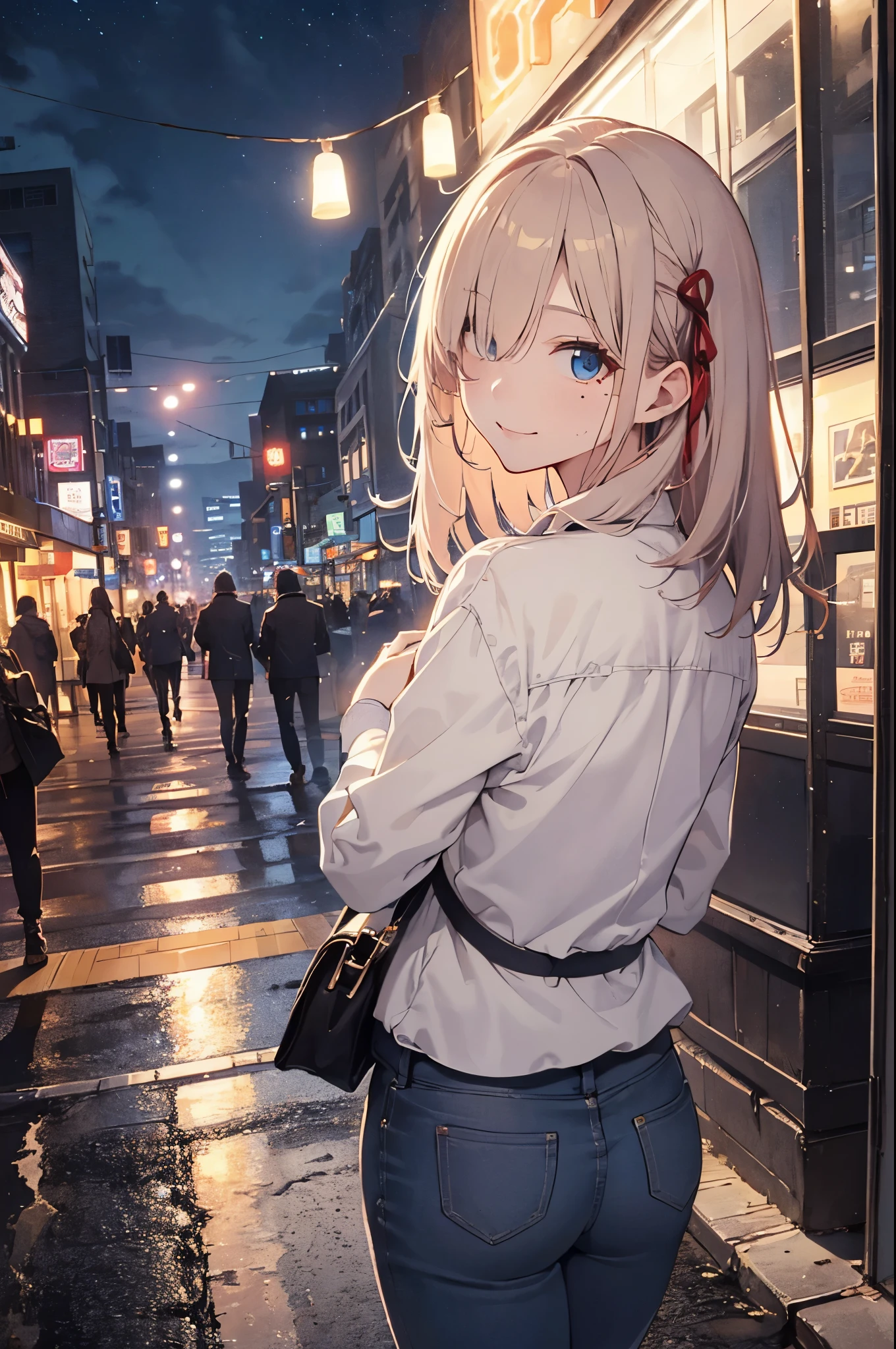 （mean looking girl:1.3）、(at night:1.5)、(and chest:1.4)、Raw photo, highest quality, High resolution, (masterpiece), (Photoreal:1.4), (mole under eye),anime cosplay, sharp focus, nffsw, 8K resolution, intricate details, Depth of bounds written, Highly detailed CG Unity 8K wallpaper, with front light, woman,25 years old、 smile,smile、Bangs covering one eye、(tie hair:1.5)、(Medium Showtrain Bo Hair)、(Casual Suit)、blue eyes,(downtown at night:1.5)、(walk:1.3)、(full body description)、cell phone、(View from behind:1.2)、Shining world、illumination、midwinter