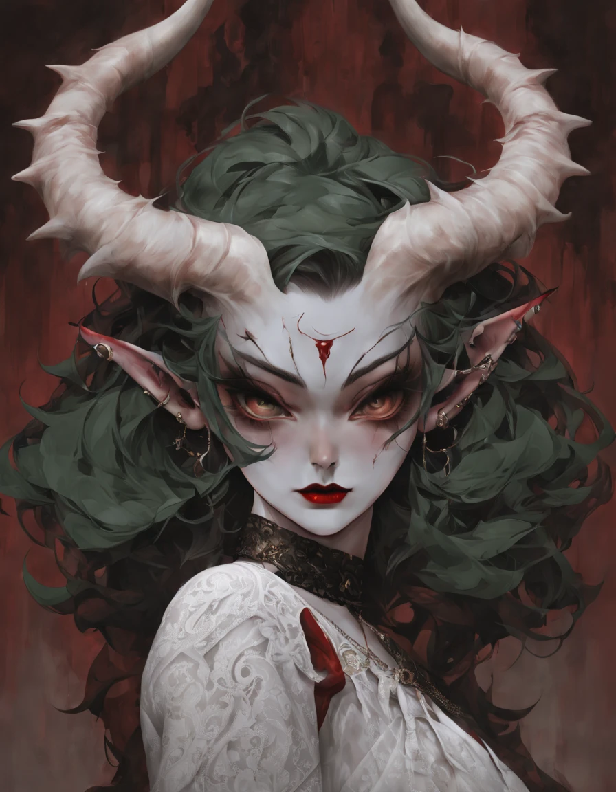 Portrait, close up, Bron above, Skinhead girl, demon girl, very angry, ((total smokey eyes)), (skinhea:1.2 ) , (emerald eyes), (white blouse), (long intricate horns:1.3), red liquid lips,  (best quality), highest quality, extremely detail,  8k, wallpaper, detailed and intricate,