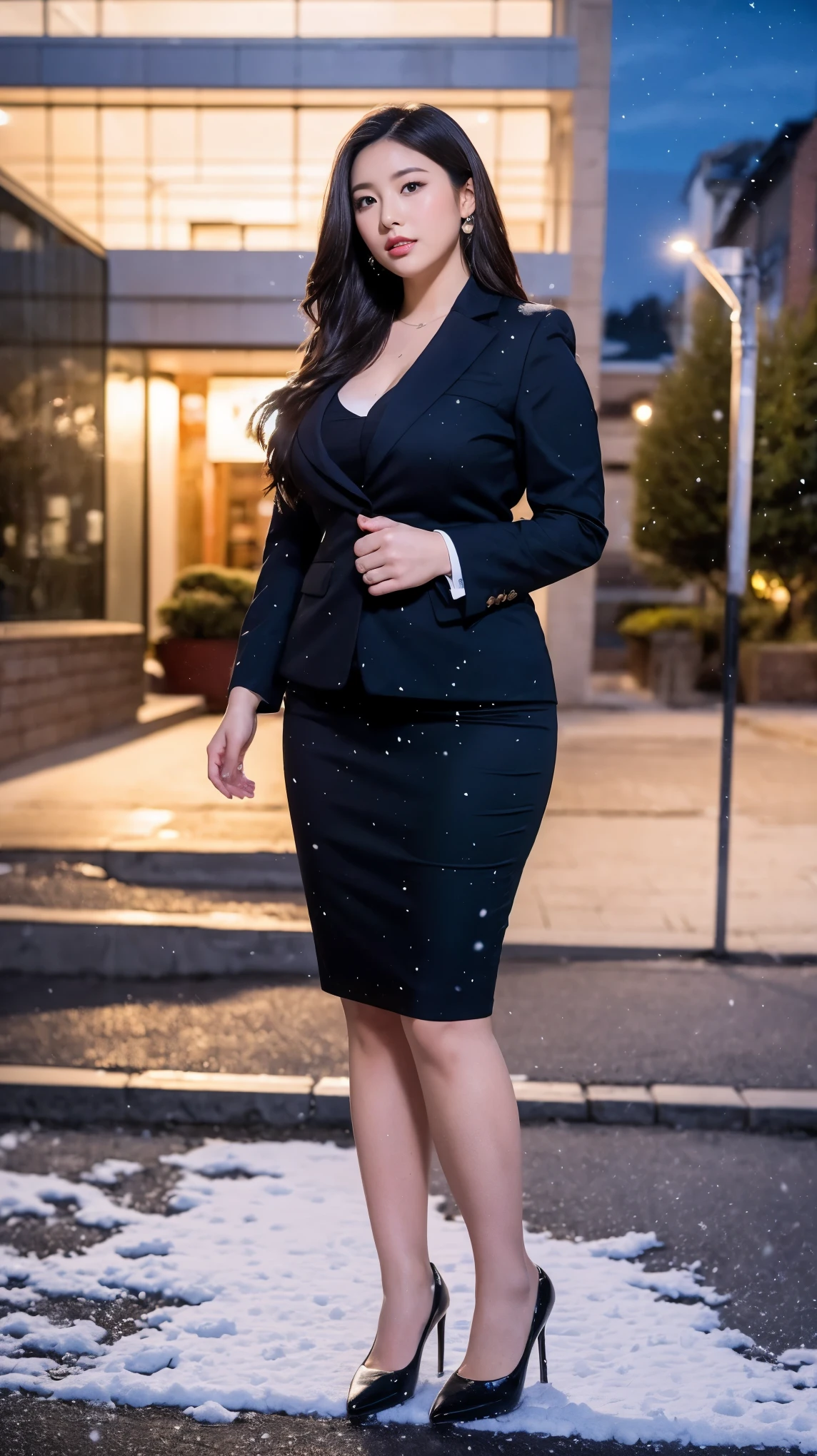 (masutepiece,High quality,16k:1.1),(depth of fields:1.3) ,((front body:1.35)),Japanese ,mature Woman, ((business suit, pencil skirt)), huge breasts, voluptuous, thicc, curvy,(Looking at Viewer:1.3),(full body shot:1.2),(snowing:1.2),(Beautiful night view of town:1.2),