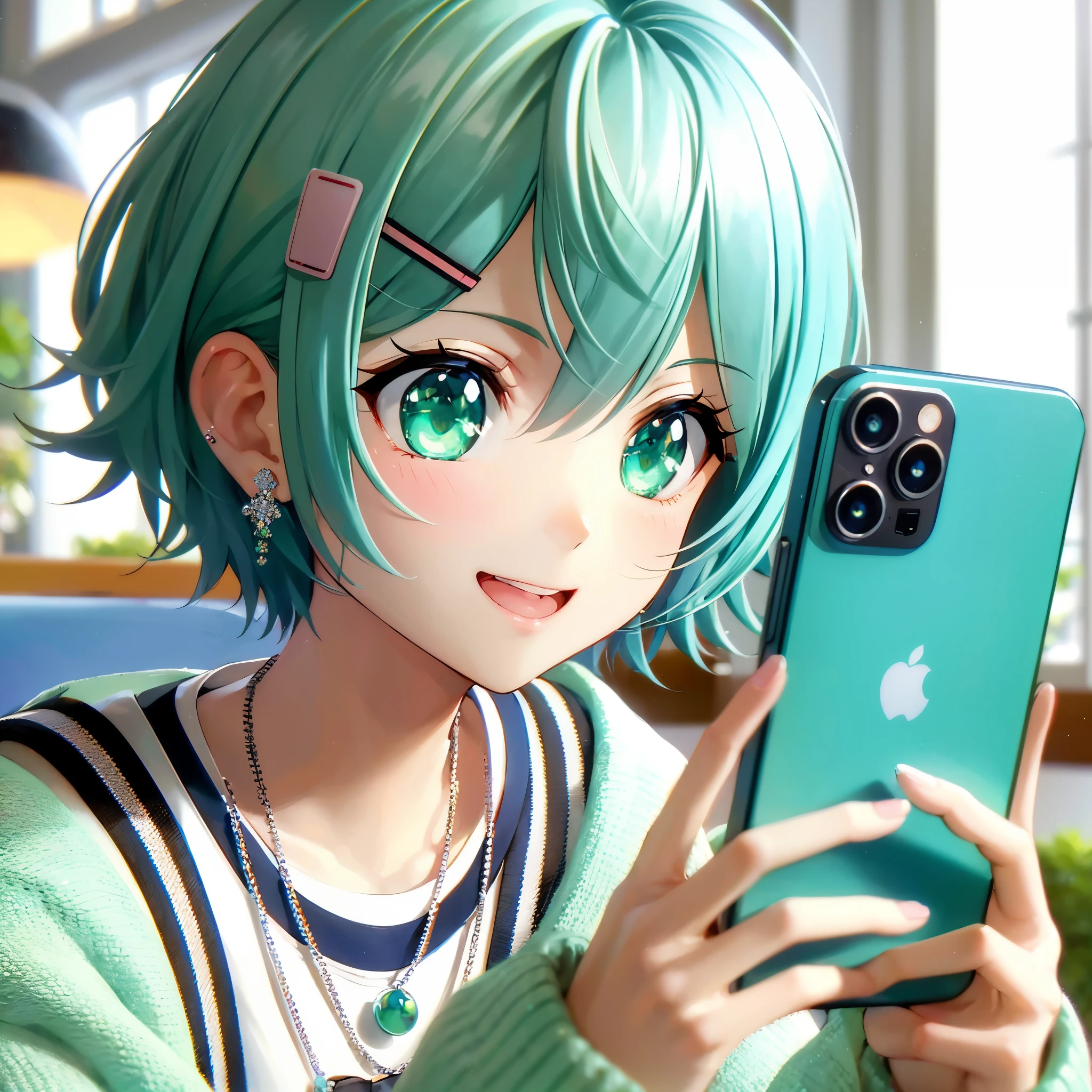 A high-quality 2D anime illustration of Mizuha, a 15-year-old girl with bright mint green short hair styled lightly upwards in the front, and vivid green eyes, updating her social media on her smartphone. Her expression is cheerful and engaged, capturing the joy of sharing fun moments online. She is holding her phone, possibly taking a selfie or typing a post, with a background that suggests a casual, everyday setting, like her room or a cafe. Mizuha's outfit is trendy and in her favorite colors of mint green and white, reflecting her stylish and sociable personality. This scene depicts her connection with her online community and her love for sharing her experiences.