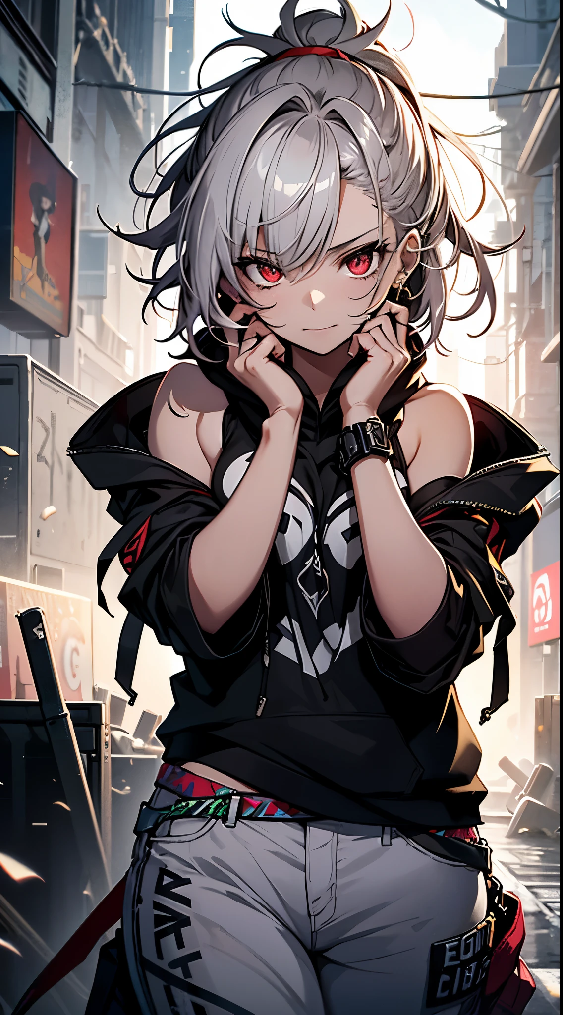 Top-quality image: A captivating visual art piece showcases a girl, aged 18, with a mix of tattered clothing and bold fashion elements. She dons a black tank top and a short-sleeved hoodie with neurotic designs, paired with pristine white pants. Her best bust, an impressive 85, is proudly on display, contrasted by the roughness of her attire. Her hair is a disheveled, golden ponytail, framing her striking red eyes that gleam with intense happiness and the promise of a return of her blood. Droplets of blood trickle from the corner of her mouth, adding intrigue to her express