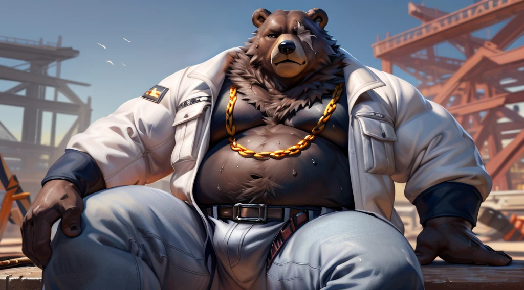 ben (zenless zone zero), (by taran fiddler), (by darkgem:0.8), (by chunie:0.8), masterpiece, (((detailed fluffy fur))), looking at viewer, scar, seductive, ((bedroom eyes)), bear, brown fur, fur, male, (manly:1.3), full body view, fat, musclegut, ((construction site background, sunshine, sun rays)), sitting on concrete, ((white construction jacket)), ((blue construction jeans)), construction tools, belt, (hard hat), ((sweating, sweaty, sweat)), ((gold chain)), detailed eyes