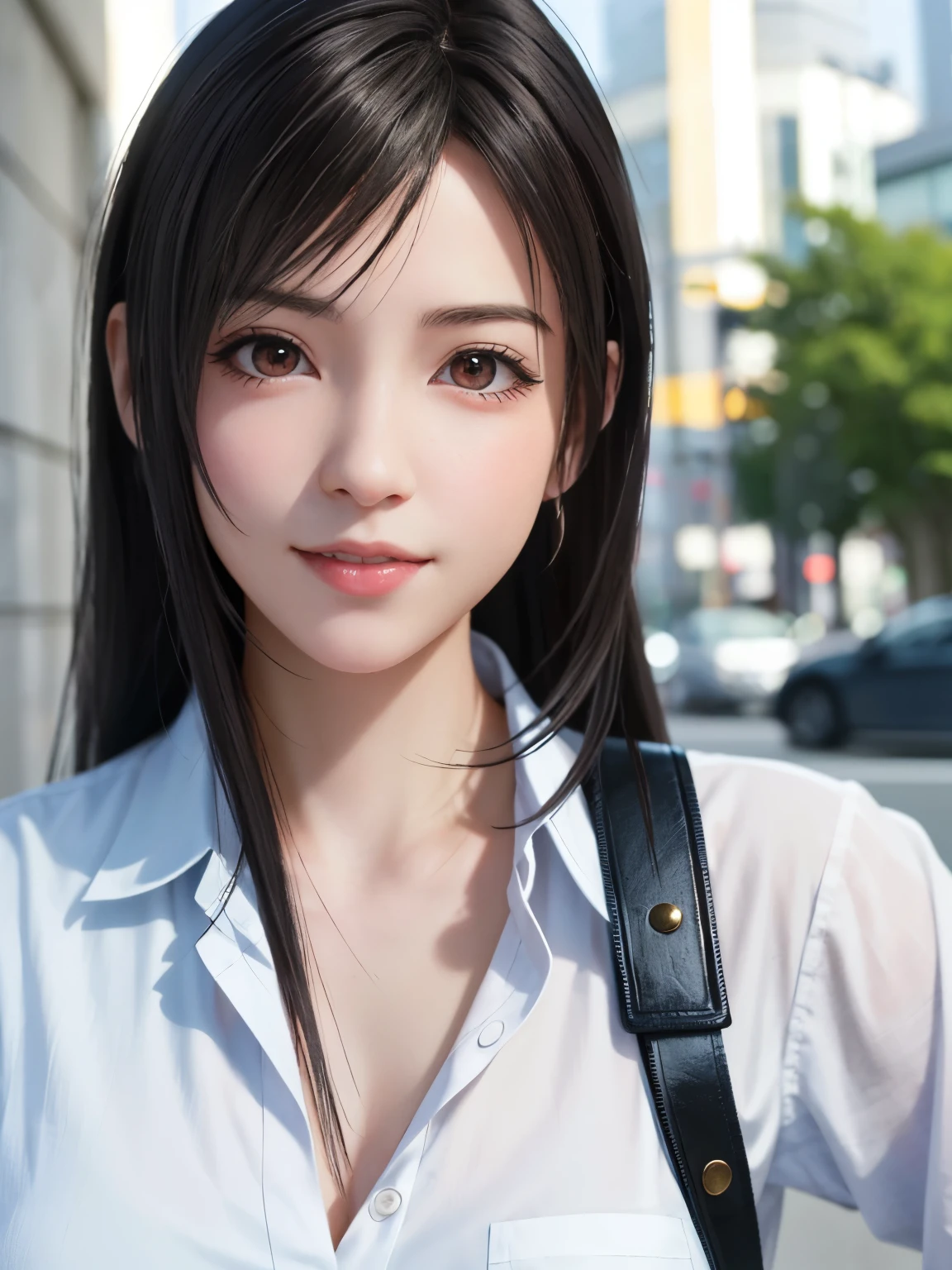 (top quality, masutepiece: 1.1), (Realistic: 1.3), BREAK (((FF7,Tifa_lockhart))),(solo,Tifa:1.2),(white large button-down shirt dress, button-down shirt:1.1) ,(tokyo,city, outdoor,behind big city),(cute pose:1.3),Ultra-detailed face, Detailed eyes,Red eyes, BREAK (((FF7,Tifa_lockhart))),(black brown hair, Large breasts: 1.0), BREAK About 18 years old,kawaii,happy smile:1.1,