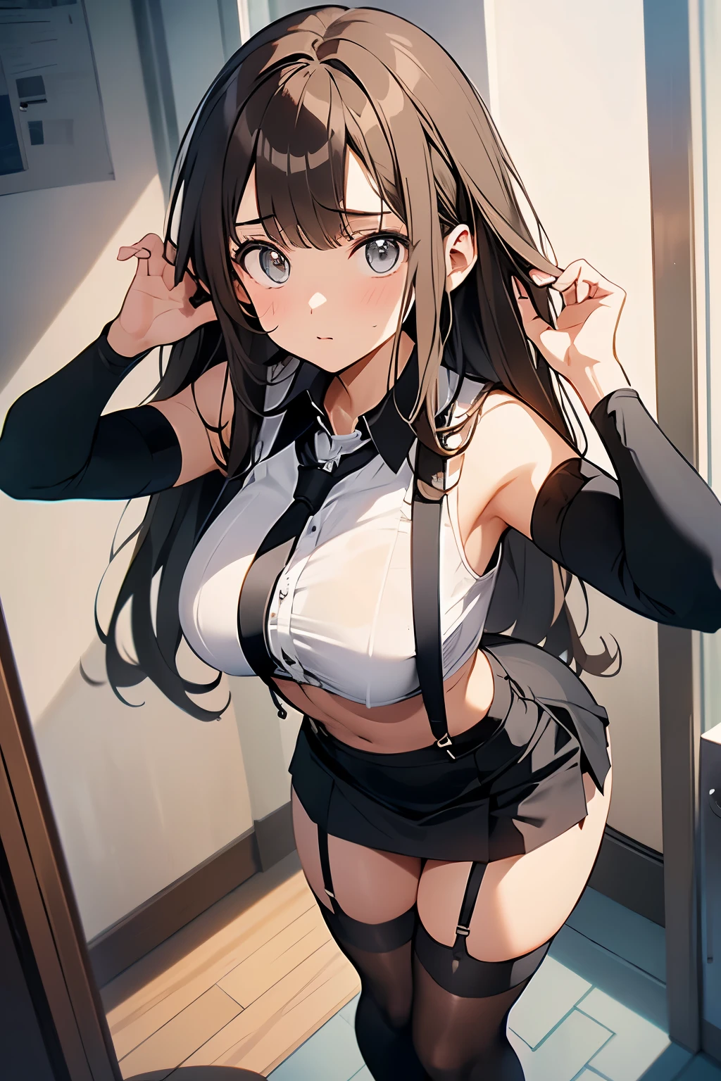 brown hair、looking at the viewer suspenders Bulging big breasts Black miniskirt garter belt knee high socks Gaze small face bangs Beauty hands up Gaze black boots provocation armpit sweat one person put your hands behind your back cutter shirt Panty shot