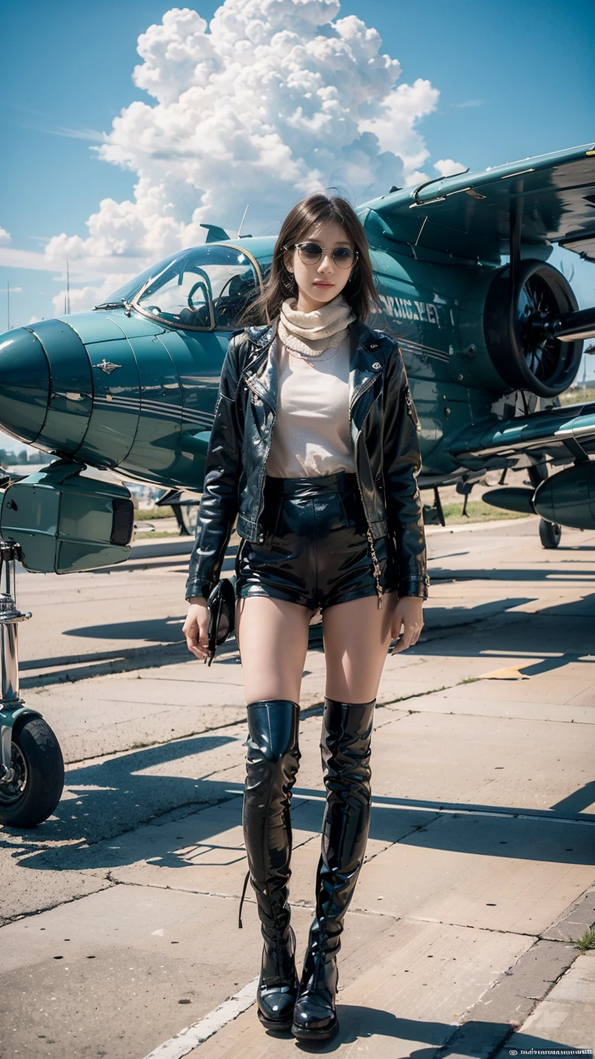 （best quality，4k，8k，masterpiece：1.2），Super fine，（lifelike，照片lifelike，Photos are real：1.37），Female pilots，confident expression，clear focus，lifelike、aviator sunglasses，leather flight suit，Rompers，leather boots，aviation scarf，Sunny with blue sky，Clouds，adventure，Vintage aircraft，Vintage colors，retro filter，Retro Style，soft sunshine，