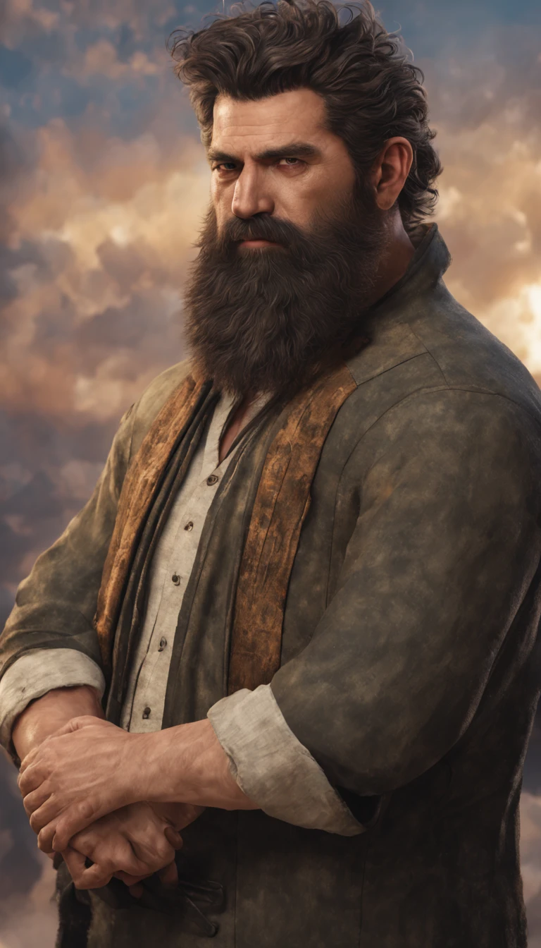 tall的胖子, big beard, Full of beard,messy hair,fluffy hair,Strong,tall,Coarse cloth clothes,Roll up your sleeves, 8k super realistic