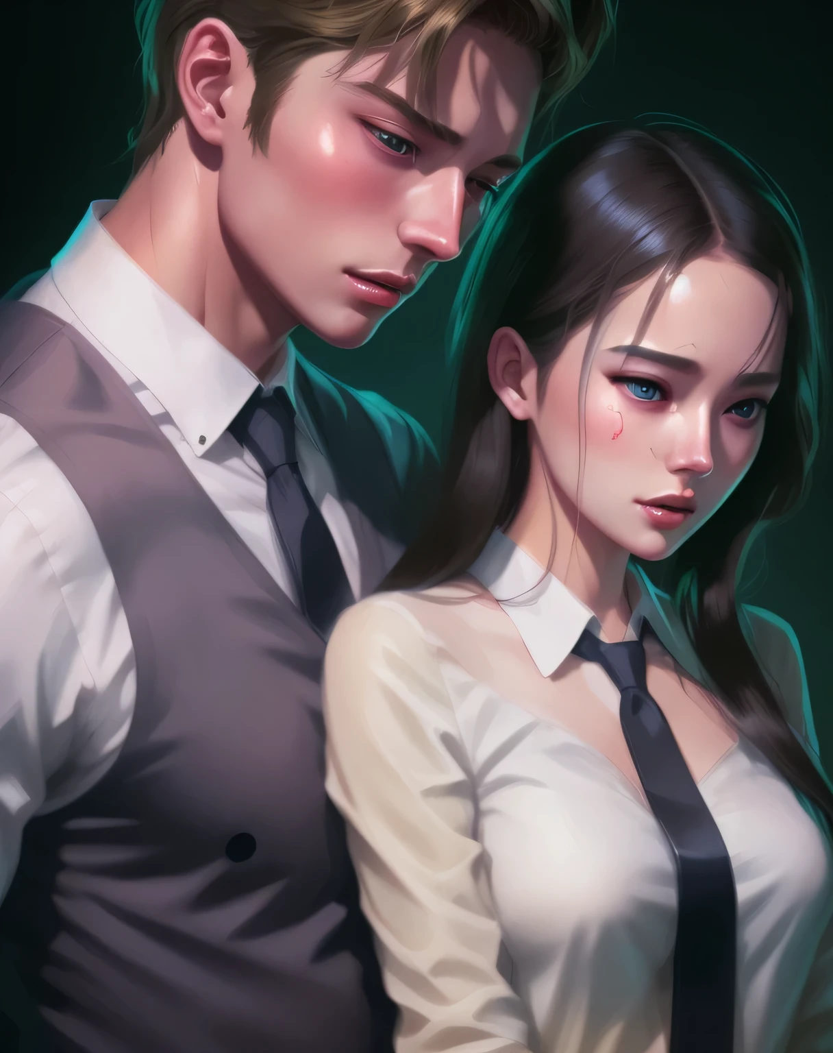 Two people stand side by side.,  (male: blonde hair, Short hair) (female: black hair, Short hair) Works inspired by Yanjun Cheng, Guweiz style art work, realistic art style, realistic digital art 4k, realistic digital art 4k, romalece novel cover, Flop and Andrey Ryabovichv, [ 4K Digital Art ]!!, Charlie Bowater and Tom Backshaw