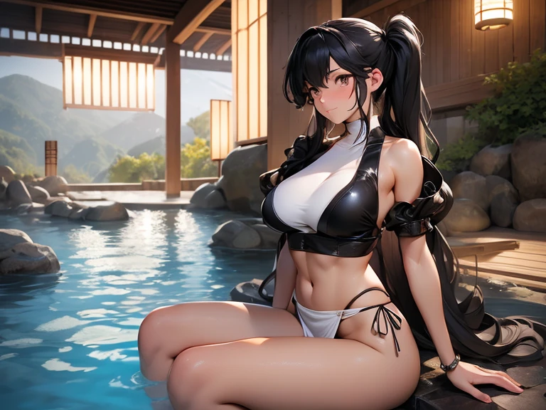 Giantess muscly gentle magical girl with twintail black hair, sitting in an onsen with a towel