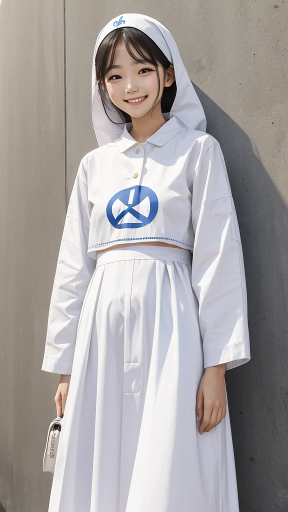 smiling woman、wearing white clothes、Her clothes have horizontal letters that say ``Peace is important.''