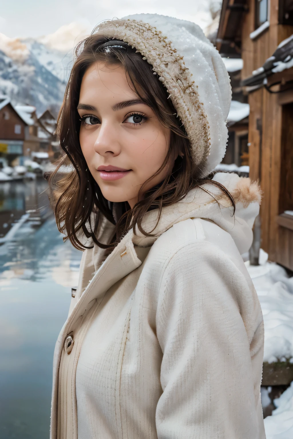 Breathtaking cinematic photo of a 25 year old girl with brown hair and brown eyes, happy, cheerful expression, closed mouth, beautiful lips, intricate details, shallow depth of field, highly detailed, high budget, epic Hollywood film, gorgeous, masterpiece, award-winning, professional, highly detailed, detailed skin texture, (blush: 0.5), (goosebumps: 0.5). (the most beautiful woman in the world) (brown hair) (short curly hair, wild hair, stylish cut) thin face, thin nose, beautiful, very beautiful, perfect face, slender body (slender), (brown hair) (brown eyes ) (white skin) Beautiful body, western face, predatory eyes, pink lips, thick thighs. full body, western beauty, thin nose, beautiful, perfect, ((best quality)), ((ultra resolution)), ((photorealistic: 1.4)), (intricate details), perfect face, makeup: 1.5 , clear face, facial details. The travel model stands by the tranquil lakeside of Hallstatt early in the morning, surrounded by a pristine snow-covered landscape. She's dressed in a cozy, stylish winter coat with a fur-lined hood and snow boots, her hair elegantly styled under a warm hat. The iconic pastel-colored houses of Hallstatt and the mirror-like surface of the lake create a serene and picturesque winter scene.