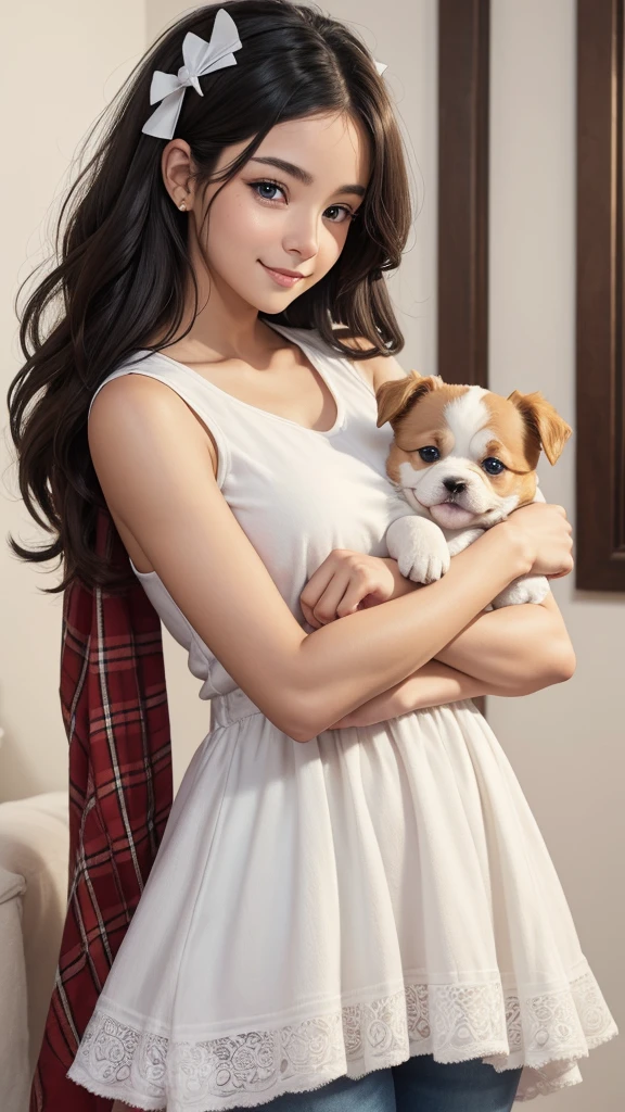 Cute puppy. Beautiful puppies. adorable puppy. Portrait of a woman in a white dress, Holding a book with delicate hands, Express beauty and power. Detailed portrait of an indigenous woman in cartoon style, With beautiful eyes, Quick brush strokes and vibrant colors. Cute puppy. Beautiful puppies. Masterpieces of cute puppies, With red and white fur. girl posing, detailed face, black hair, athlete body, Wearing red flannel and jeans. soft hair, smile