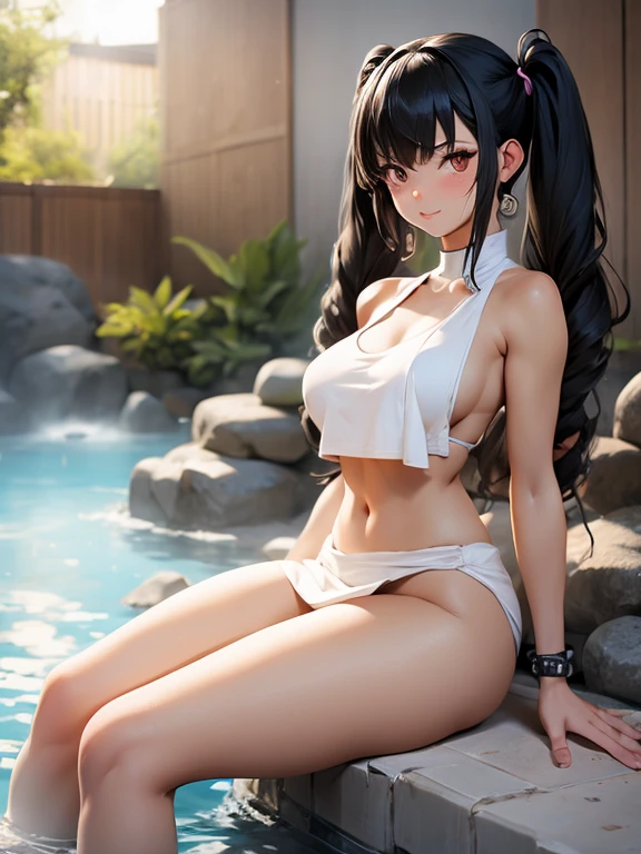 Giantess muscly gentle magical girl with twintail black hair, sitting in an onsen with a towel
