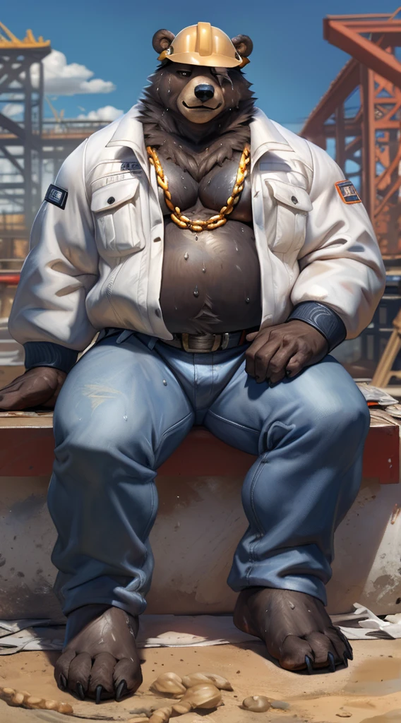 ben (zenless zone zero), (by taran fiddler), (by darkgem:0.8), (by chunie:0.8), masterpiece, (((detailed fluffy fur))), looking at viewer, scar, seductive, ((bedroom eyes)), bear, brown fur, fur, male, (manly:1.3), full body view, fat, musclegut, ((construction site background, sunshine, sun rays)), sitting on concrete, ((white construction jacket)), ((blue construction jeans)), construction tools, belt, (hard hat), ((sweating, sweaty, sweat)), ((gold chain)), detailed eyes