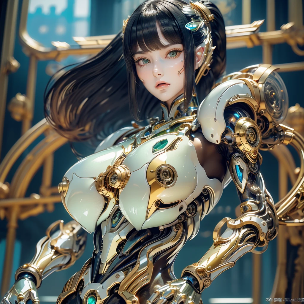 8k, top-quality, (pubic hair beauty)、high resolution, 逼真, real person, ((masterpiece)), ((top-quality)), (The ultra-detail, ((highly contrast)), (a high chroma), (Beautiful detail eyes), ((extremely delicate and beautiful)), (nice hand), ((perfect hand)), (Mechanical cyber city in the background), futuristic cities, 夏天, plein air, ((Girl on a motorcycle)), Long hair, black hair, asymmetrical bangs, beautiful detailed Glass hair, green eyes, large chest, white and gold mechanical suit, ((shiny body)), (very shiny body), Clear, jewelry, ornament detached, a gorgeous, opulent, magnificent, Illumination scattered throughout the body, Illumination brilliance, cyborgs, android, bodysuit, huge tit, open cleavage, beauty legs , Full Body