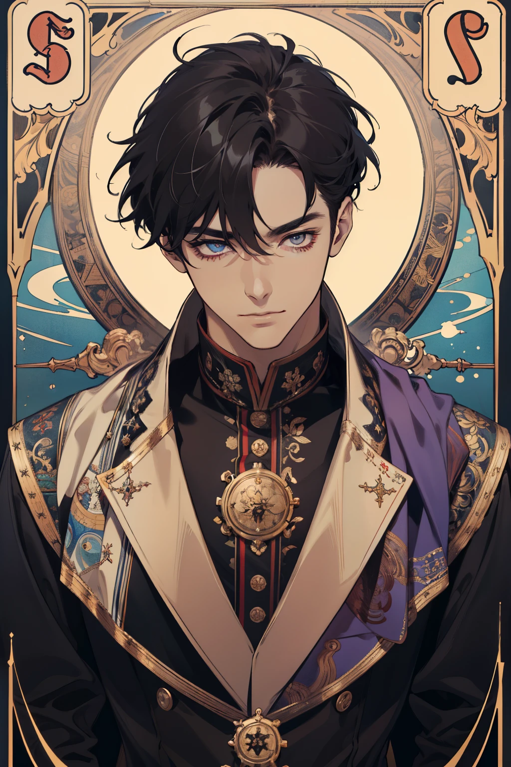 (absurdress, hight resolution, overdetalization), 1 male, grown up, medium jet-black hair, amused face, cutest, tall muscular guy, Flames swirl around him, wide shoulders, Violet eye, Detailed eyes and detailed face, fool \tarot\, bard, clown, Symbolism, visual art, occultism, Universal, Vision Casting, Philosophical, Iconography, Numerology, Popularity, an artistic, by Alphonse Mucha