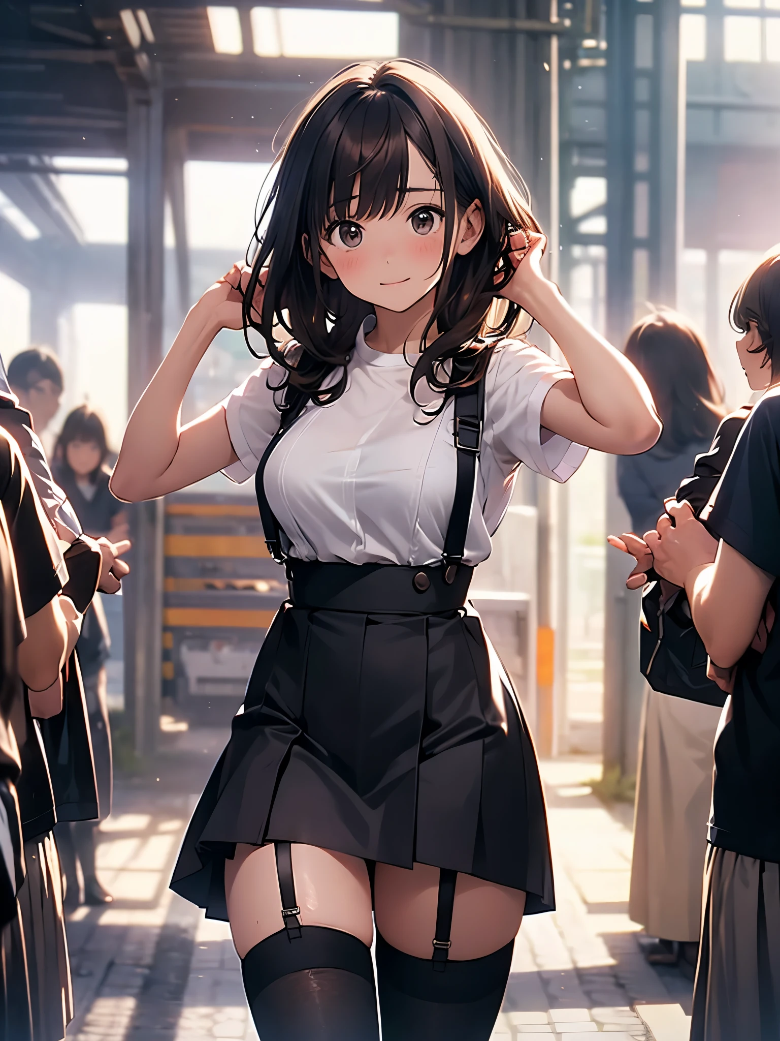 brown hair、looking at the viewer　　suspenders　　　Bulging big breasts　　 　 　　　　Black miniskirt　garter belt　knee high socks　　　　　　Gaze　　　small face　bangs 　　　　　Beauty　　hands up　　 　Gaze 　black boots 　provocation　　armpit sweat　one person 　　put your hands behind your back　cutter shirt　　Panty shot