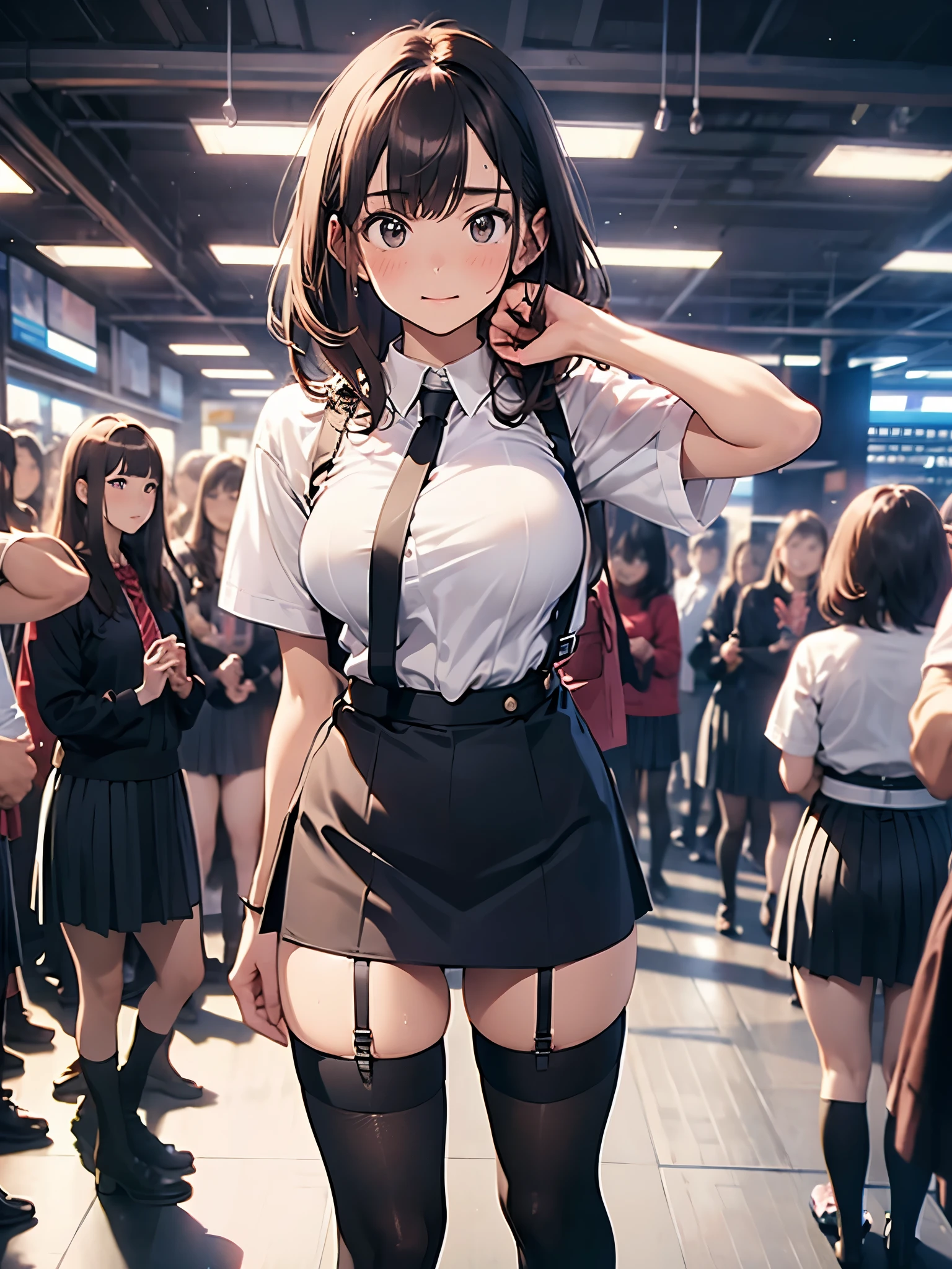 brown hair、looking at the viewer suspenders Bulging big breasts Black miniskirt garter belt knee high socks Gaze small face bangs Beauty hands up Gaze black boots provocation armpit sweat one person put your hands behind your back cutter shirt Panty shot
