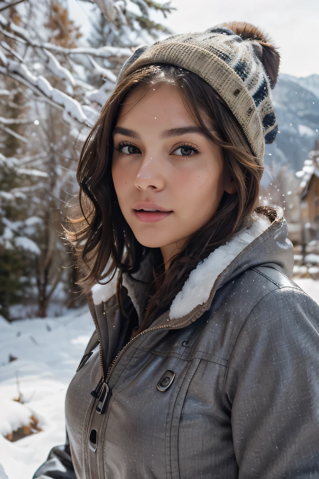 Breathtaking cinematic photo of a 25 year old girl with brown hair and brown eyes, happy, cheerful expression, closed mouth, beautiful lips, intricate details, shallow depth of field, highly detailed, high budget, epic Hollywood film, gorgeous, masterpiece, award-winning, professional, highly detailed, detailed skin texture, (blush: 0.5), (goosebumps: 0.5). (the most beautiful woman in the world) (brown hair) (short curly hair, wild hair, stylish cut) thin face, thin nose, beautiful, very beautiful, perfect face, slender body (slender), (brown hair) (brown eyes ) (white skin) Beautiful body, western face, predatory eyes, pink lips, thick thighs. full body, western beauty, thin nose, beautiful, perfect, ((best quality)), ((ultra resolution)), ((photorealistic: 1.4)), (intricate details), perfect face, makeup: 1.5 , clear face, facial details. Captured on a hike through the snow-covered trails surrounding Hallstatt, the travel model wears a practical yet stylish winter outfit, complete with a down jacket and hiking boots. Her hair is tucked under a beanie, and she carries a walking stick. The towering alpine peaks and dense snow-laden trees create a breathtaking backdrop, showcasing the natural beauty of Hallstatt in winter.