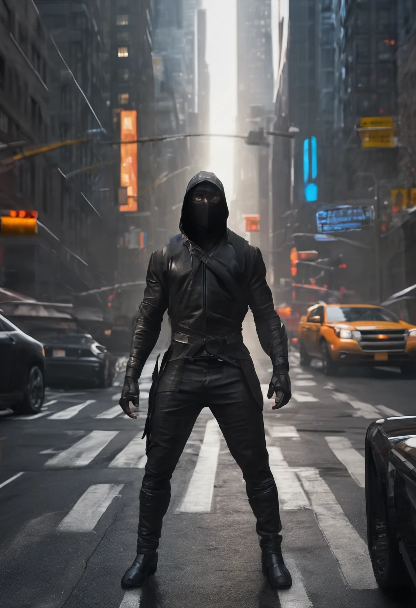 Full body of a Handsome athletic black man, a male ninja a futuristic Blade Runner 20149 Ninja,  He's a masked futuristic ninja, muscular wearing a long leather coat and a black and super spy stealth suit, in New York City streets, full body, 8k resolution concept art portrait dynamic lighting hyperdetailed intricately detailed splash art trending on artstation unreal engine 5 volumetric lighting