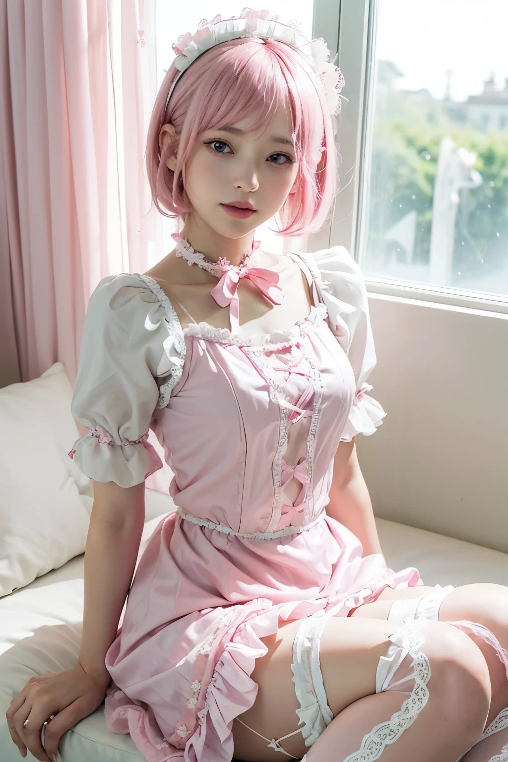 (8K, top-quality, masterpiece:1,2), (reallistic, Photorealsitic:1.37), Super Detail, One girl,), (Highly detailed), (beautifully detailed eyes), (of the highest quality), (super detailed ), (masterpiece), (Detailed face),20yr old, ,1 girl, ((pink hair,Very short hair)), medium , clothed, Perfect Lighting, BREAK (pink and white gothic lolita 1.4), white frill cardigan with pink lace and ribbons, white lace blouse and pink vest, white frill skirt with pink lace and ribbons, pink rose embroidery on the hem of the skirt, A-line silhouette, white lace knee socks, white loafers with pink ribbons, pink ribbon headband, white pearl necklace, BREAK bangs on left side, right ear exposed, fluffy back hair, gentle smile, looking at camera, slightly raised mouth corners, slightly red cheeks, right hand crossed in front of chest, left hand lightly lifting skirt hem, slightly forward shoulders, straight back, slightly tilted head, white wall with pink floral curtains, natural light from window, soft shadows