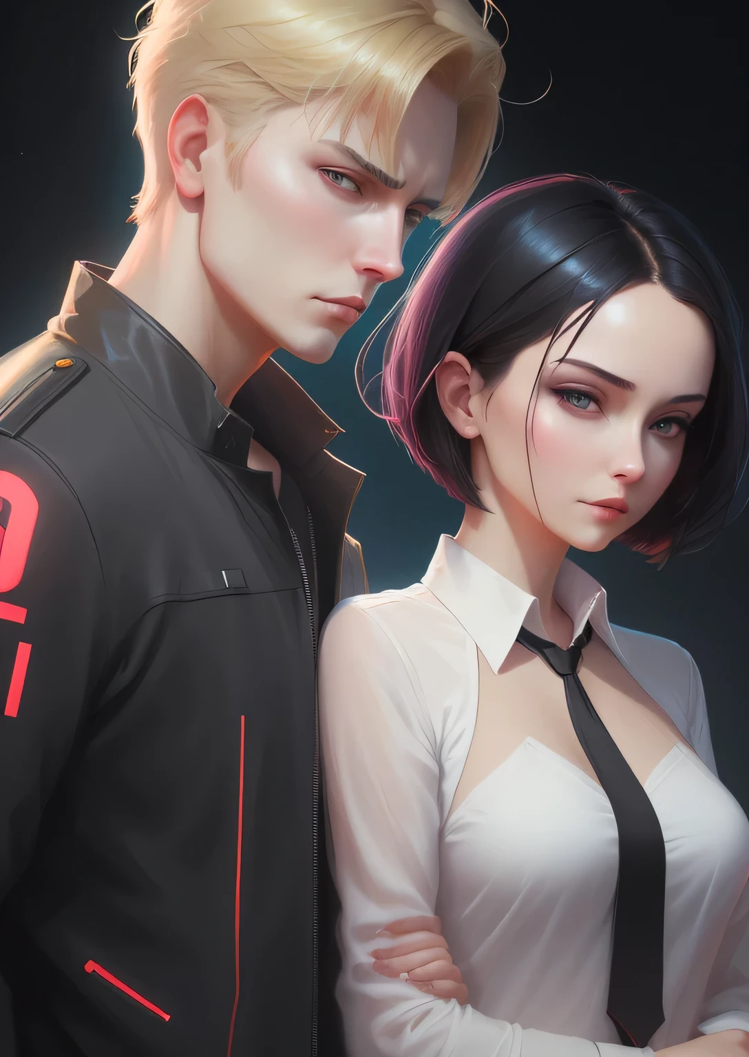 Two people stand side by side.,  (male: blonde hair, Short hair) (female: black hair, Short hair), Works inspired by Yanjun Cheng, Guweiz style art work, realistic art style, realistic digital art 4k, realistic digital art 4k, romalece novel cover, Flop and Andrey Ryabovichv, [ 4K Digital Art ]!!, Charlie Bowater and Tom Backshaw