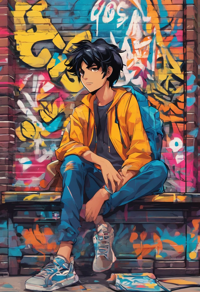 Oil Style、digitalart、1990s anime style、Black hair 　fit body of hand、indian rugged smart boy、18year old、Blunt bangs