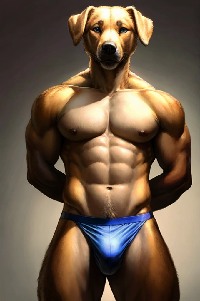 a furry male anthro Labrador standing with his hands behind his back. He is wearing underwear and is depicted in a simple background. The artwork should be in a front view perspective. The image should be of the best quality, with ultra-detailed features and a realistic, photorealistic style. The colors should be vivid and the lighting should create a professional and visually appealing effect. The inspiration for this artwork comes from artists such as thebigslick.