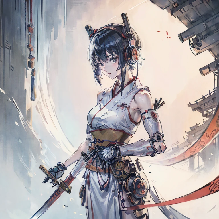 (((arms、Katana、armsを持つ))) (((Cyber World))),cinematic light, ((Japanese style))((1 mechanical girl)),alone, ,whole body,kimono、(mechanical joint:1.4),Expressionless,(headphones),small breasts,short hair,character focus,SF、flower hair ornament、Katana