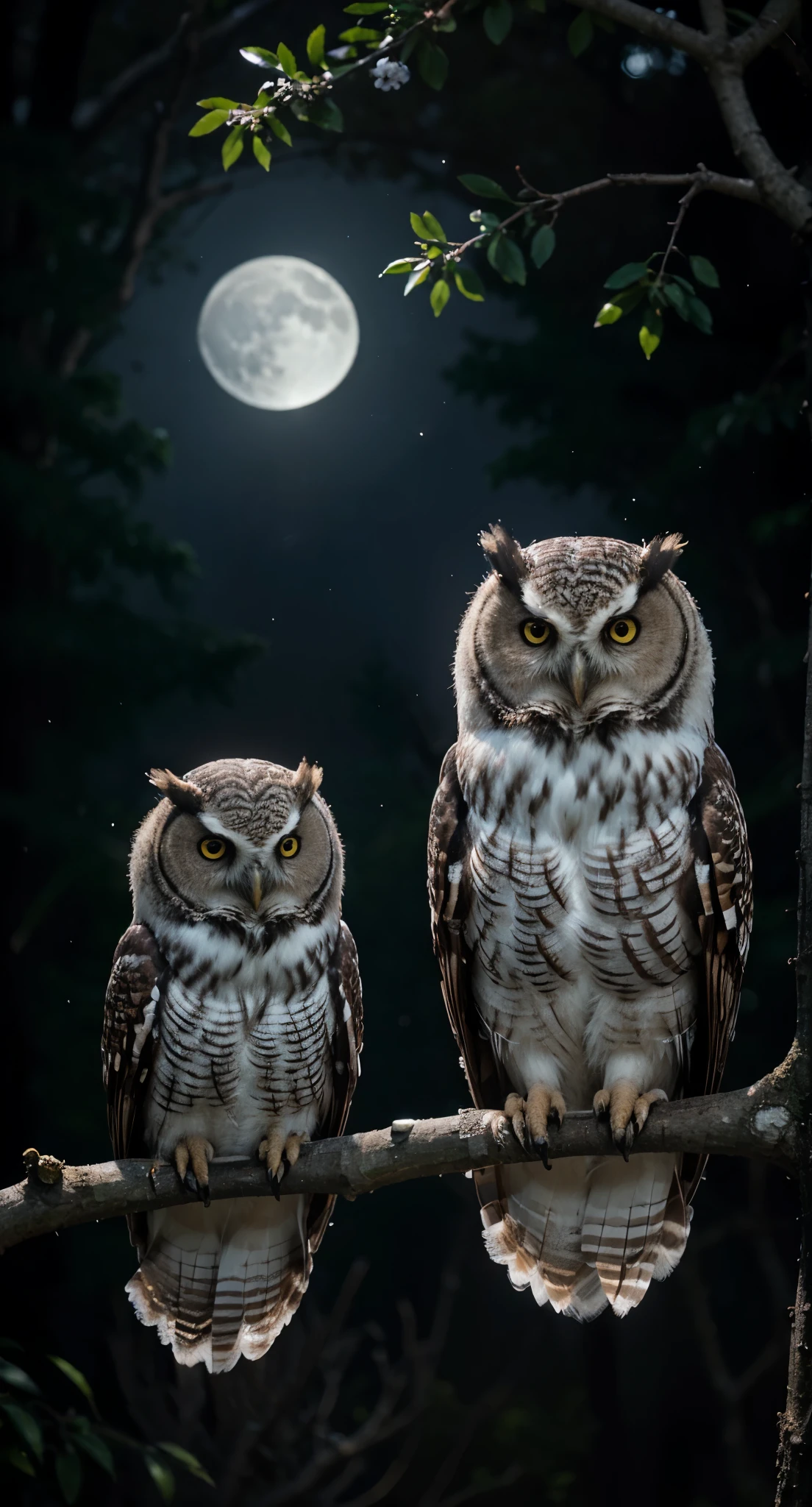 Masterpiece, two owls, solo, perched majestically on a thick branch in the stillness of the night, the only source of light illuminating their ghostly features is the moon, casting an atmospheric glow, evoking a sense of serene solitude, Polarizing filter applied for contrast, DSLR captured image, 85mm lens at f/1.4 aperture, focusing on the owls' intricate details, high-resolution sensor, sharp focus, every feather and twist of their heads showcased in ultra-detailed clarity, the silhouette of the tree trunk and branches artfully framing the scene, the moonbeams gently defining