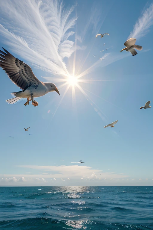 There are many birds flying in the sky above the ocean, Birds fly in the sun, bird on sky, The bird flew away, bird on sky, Birds flying in the distance, birds flying, The bird flew away from the explosion, Flock of Birds, Birds flying in the distance, Birds in flight, Birds flying in the distance, Still from a nature documentary, Birds overhead