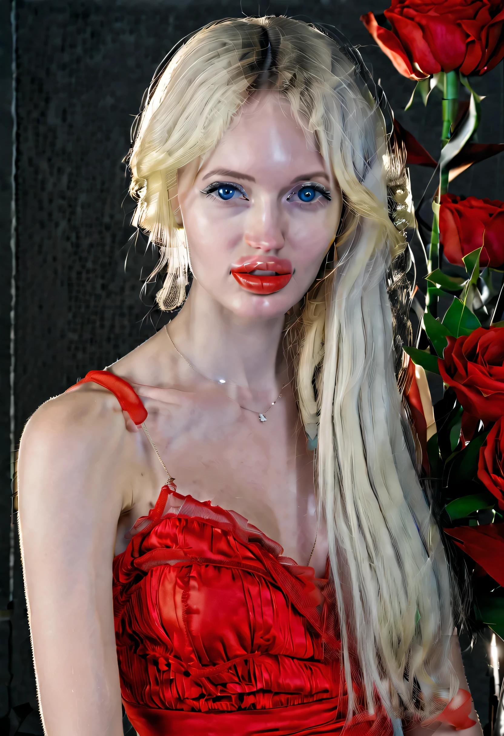 photo realism, real person, standing tall, high heels, perfect toes, showing all toes, A full - length photo of a fashion photoshoot captures a beautiful 18 years old, large breasts, blond girl with blue eyes and a red dress, long blonde hair and large eyes, long blonde hair and big eyes, blonde hair and large eyes, blonde and attractive features, face like Marilyn Monroe, wide lips and kind blue eyes, anna nikonova aka newmilky, sexy red lips, perfect face ), yelena belova, extremely pale white skin, clean background, grey background. well defined girl, detailed girl, The image showcases ultra - detailed skin texture and realistic lighting photo realistic cinematic stock - photo style