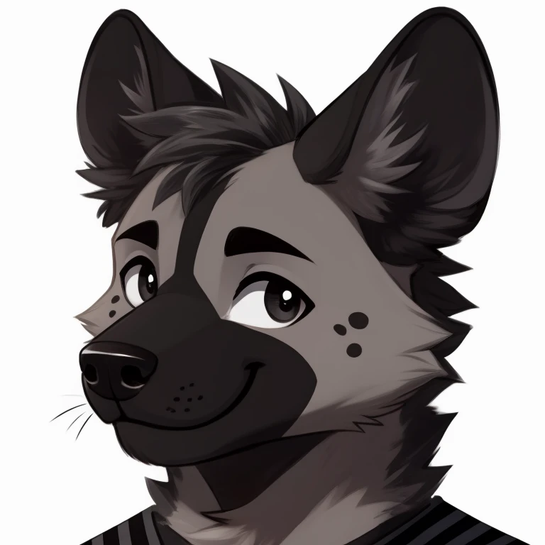 male, hyena, cute, happy, anthropomorphic, grey and black palette, white background, headshot, high quality