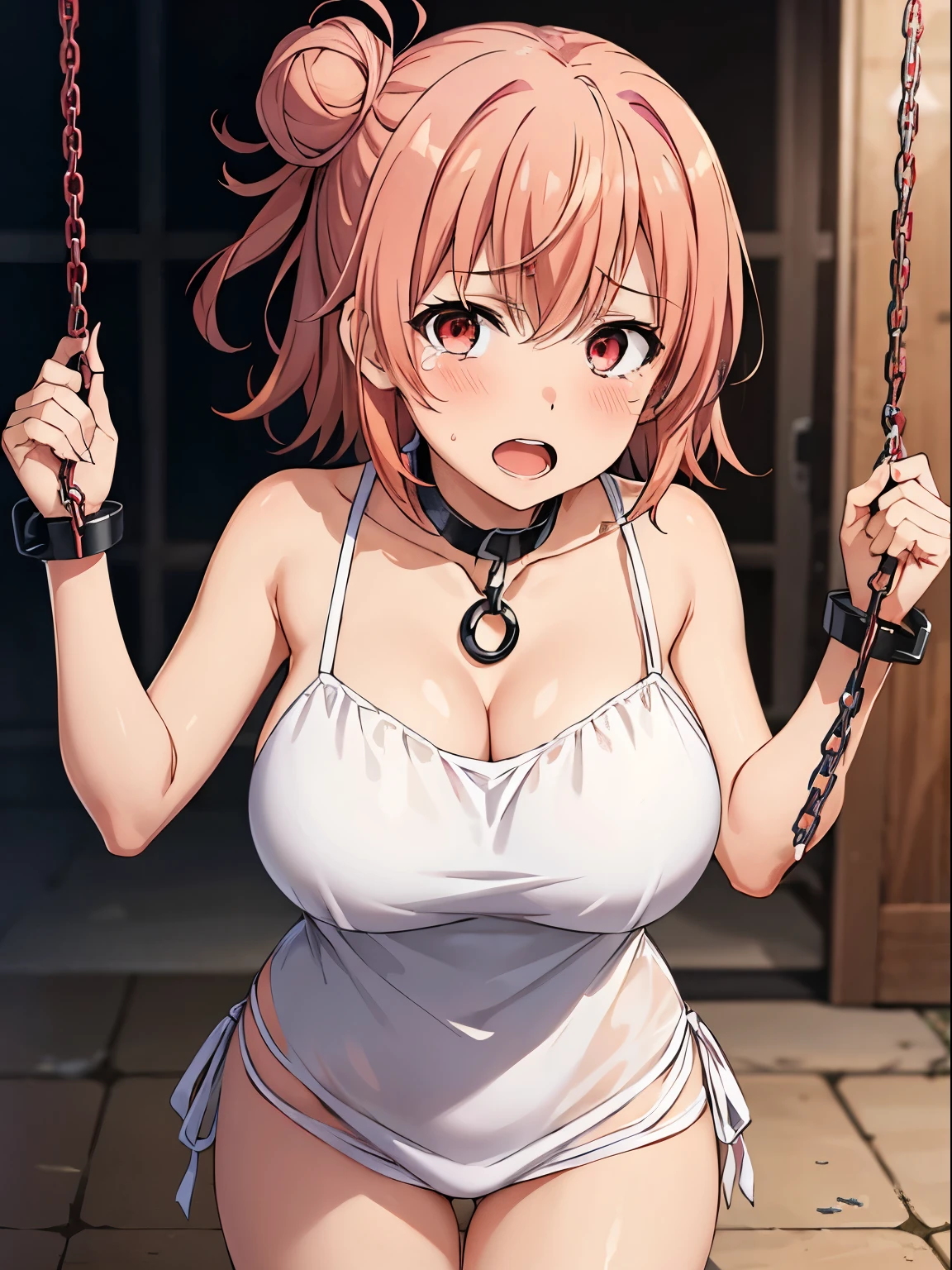 1 girl,  
yuigahama yui, pink hair, hair bun, short hair, 

(8K, Top quality, muste piece)
white camisole, 

Hung on chains、bondage, shackles、slaveの首輪、M-shaped open legs、slave、perfect anatomy,
tears, shy, blush, 
looking at viewer, 
large boobs, 