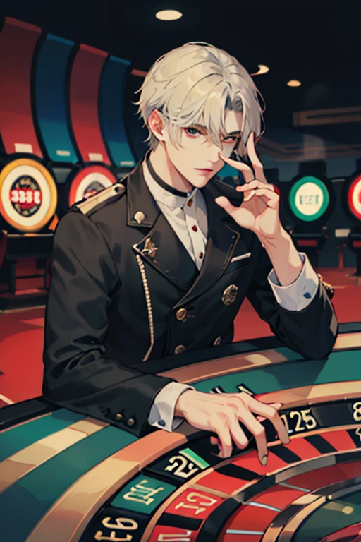 {[{{"Epic dark vibe, 4k artwork of a man with gray hair and light glowing blue eyes 
sitting and playing russian roulette gambling, contemplating his next move."}]}}