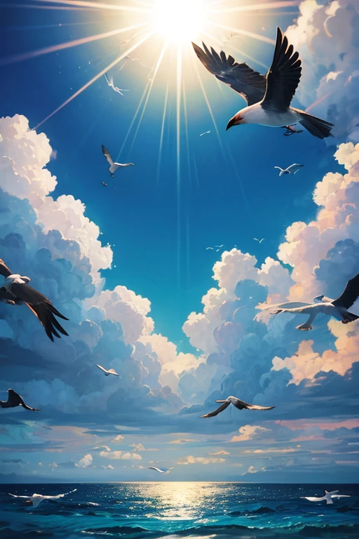 There are many birds flying in the sky above the ocean, Birds fly in the sun, bird on sky, The bird flew away, bird on sky, Birds flying in the distance, birds flying, The bird flew away from the explosion, Flock of Birds, Birds flying in the distance, Birds in flight, Birds flying in the distance, Still from a nature documentary, Birds overhead