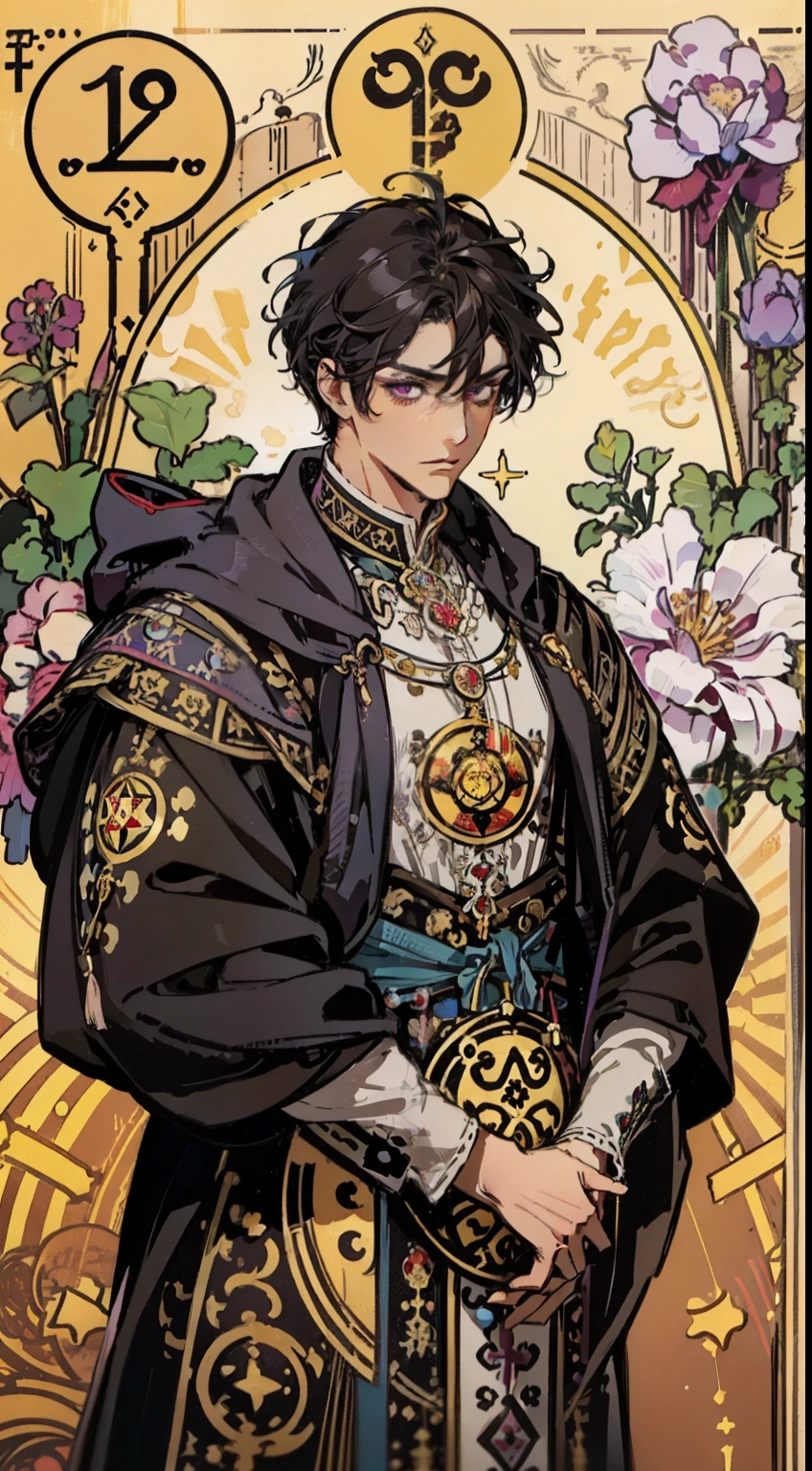 (absurdress, hight resolution, overdetalization), 1 male, grown up, medium jet-black hair, violet pupil, amused face, cutest, tall muscular guy, Flames swirl around him, wide shoulders, Violet eye, Detailed eyes and detailed face, fool \tarot\, bard, clown, Symbolism, visual art, occultism, Universal, Vision Casting, Philosophical, Iconography, Numerology, Popularity, an artistic, by Alphonse Mucha