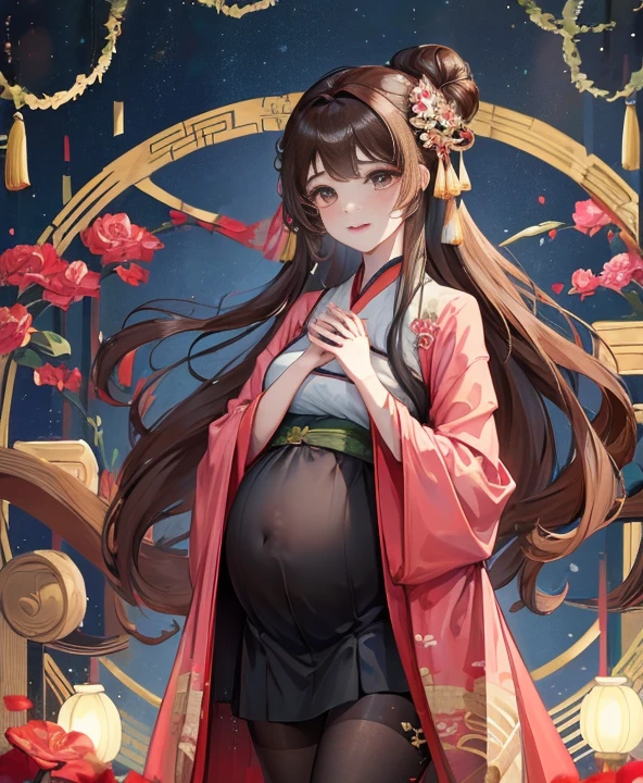 masterpiece, best quality,Five pregnant, aldult, Chinese style, China, elder sister, Smile, brown hair, princess cut, Full of motherhood,China传统服饰,Pure affection,blush,Dignified yet lively,Mother,Place your hands on your stomach,Full of motherhood,Sexy,charming,Graceful and graceful,A thousand flavors,charming,With a royal air,long hair,With hairpins,Long Hanfu,beautiful,beautiful,The hand caressed the belly,charming的,眼神Lovely,Lovely,Black tights,Tall and tall