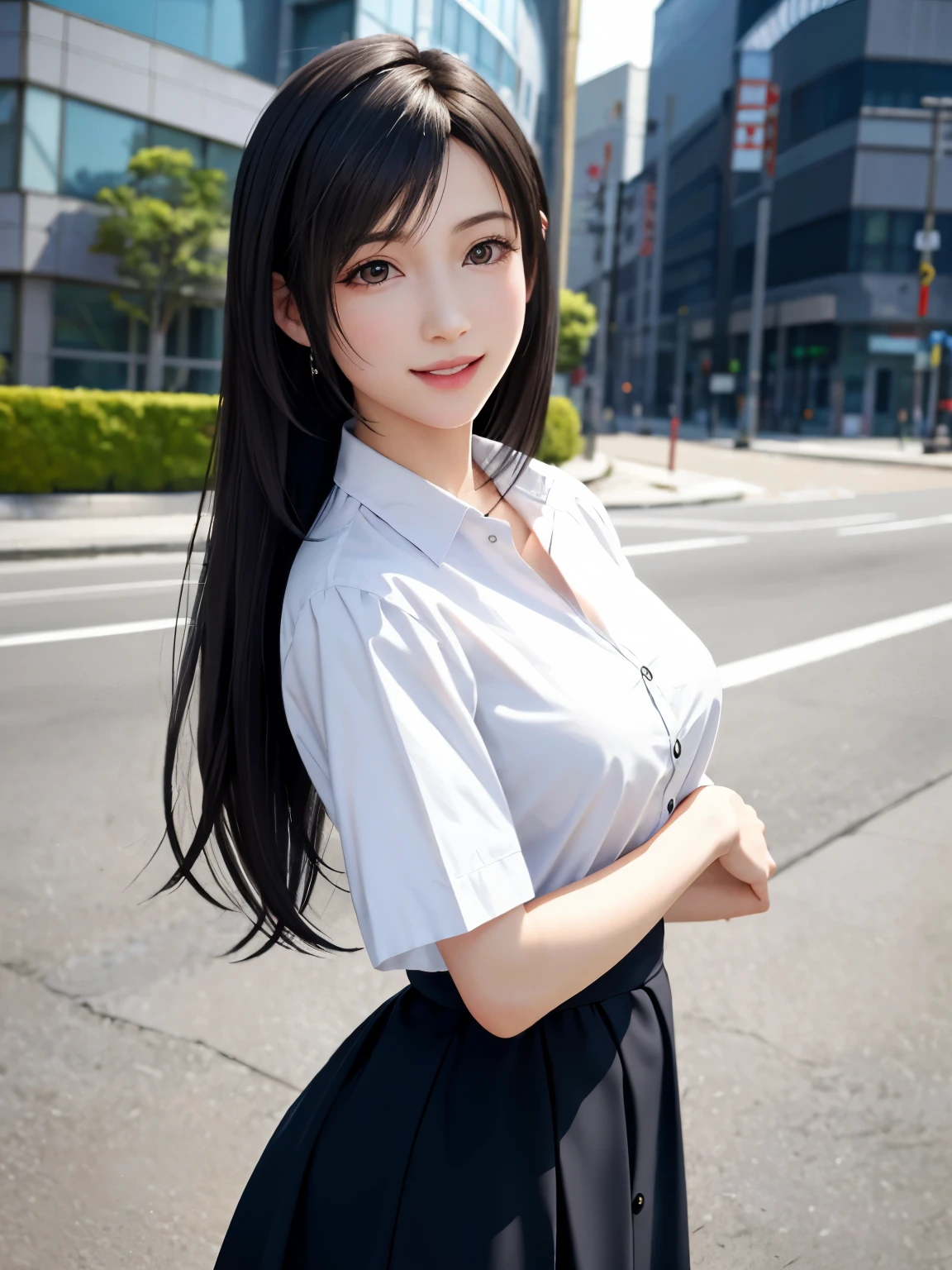 (top quality, masutepiece: 1.1), (Realistic: 1.3), BREAK (((FF7,Tifa_lockhart))),(solo,Tifa:1.2),(white large button-down shirt dress, button-down shirt:1.1) ,(tokyo,city, outdoor,behind big city),(cute pose:1.3),Ultra-detailed face, Detailed eyes,Red eyes, BREAK (((FF7,Tifa_lockhart))),(black brown hair, Large breasts: 1.0), BREAK About 18 years old,kawaii,happy smile:1.1,cowboy shot
