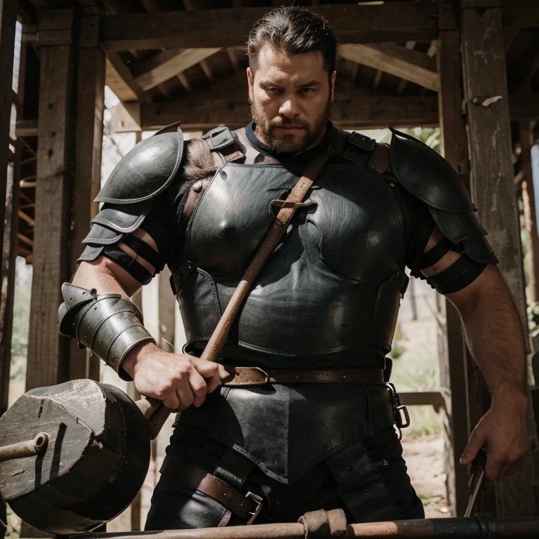 face turning around and looking at me, face, a fat gentle barbarian, He is a Japanese, mid combat, leather armor, legs exposed from thighs to feet, fierce, battleground background, masterpiece, volumetric lighting, Dramatic, small penis, He is ejaculating semen,
