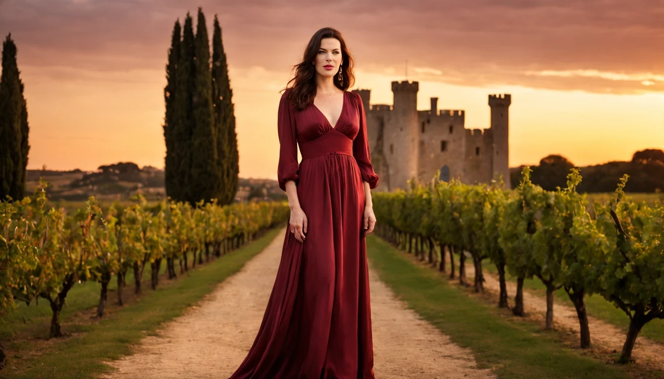 full body, (lynda carter: 1.1),, Gorgeous and sultry busty athletic (thin)queen with sharp facial features wearing a modest updo, dark red medieval dress, long sleeves, intricate patterns, scrollwork, wide neck, crown, veil, long dress, modest dress, tight bodice, silver belt, (waist chain), medieval jewelry, Middle Ages, castle, rampart, wall, exterior, on top of a castle wall, trees, countryside, evening, sunset. large breasts.